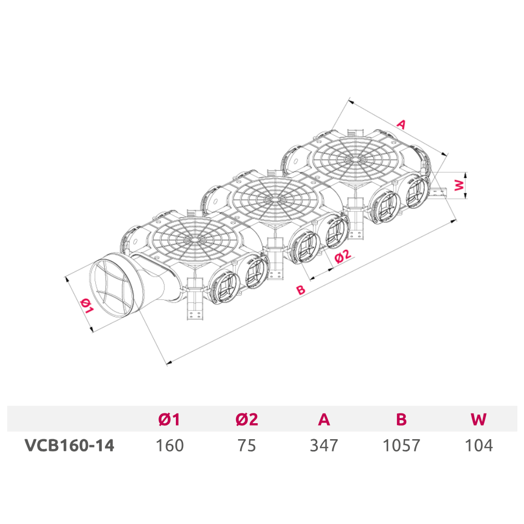 Plastikinis oro paskirstymo kolektorius 14 jungčių (Dn75) Dn160 1 Plastikinis oro paskirstymo kolektorius 14 jungčių (Dn75) Dn160 1