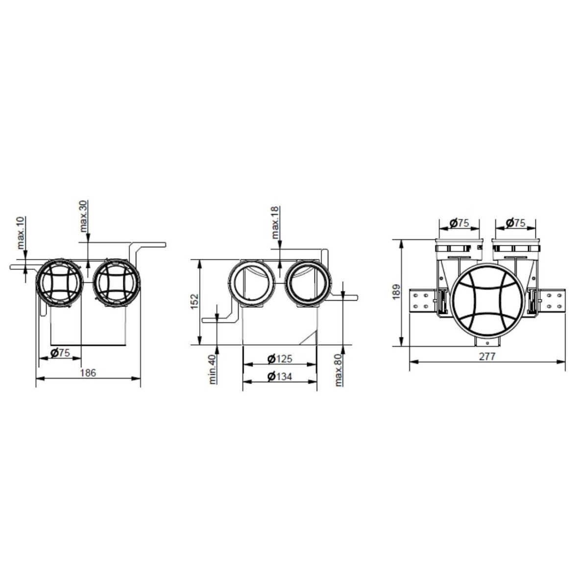 Plastmasas difuzora kārba 2× Dn75 - Dn125 mm, Awenta Pro 1