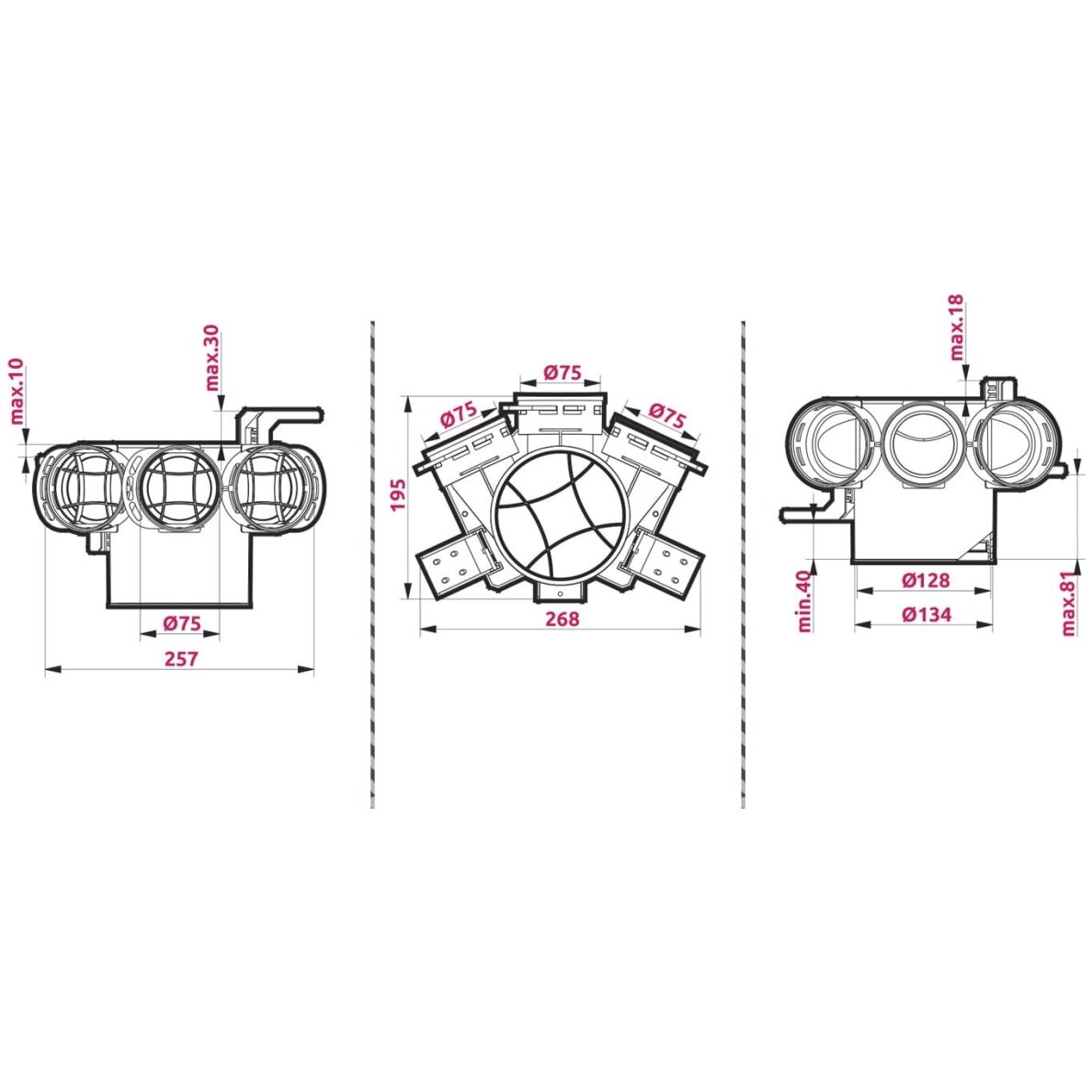 Plastmasas difuzora kārba 3× Dn75 - Dn125 mm, Awenta Pro 1