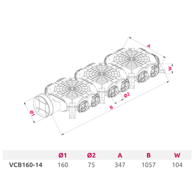 Plastikinis oro paskirstymo kolektorius 14 jungčių (Dn75) Dn160 1 Plastikinis oro paskirstymo kolektorius 14 jungčių (Dn75) Dn160 1